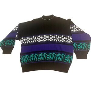 Vintage American Pride Women 22W Black Purple Teal Floral Knit Mock Neck Sweater